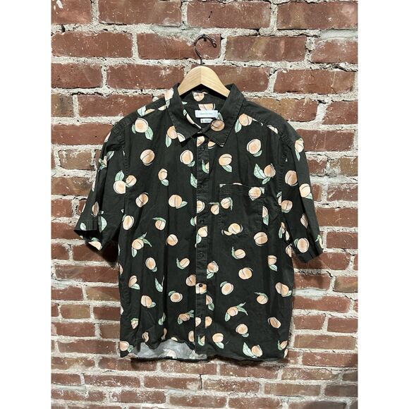 Urban Outfitters Mens Black Short Sleeve Button Up Shirt Peach Graphic Size XL - Picture 1 of 3
